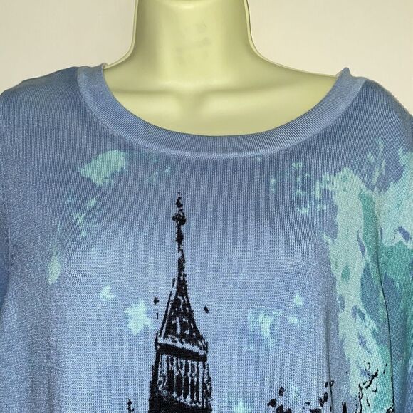 Joseph A. periwinkle blue long 3/4 sleeve sweater with Big Ben on front & back - Picture 2 of 9